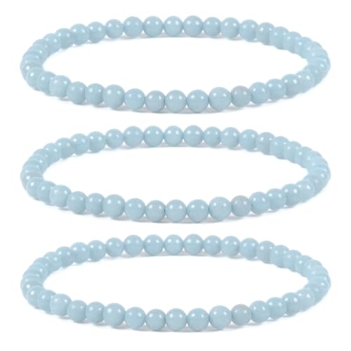 Justinstones Gem Semi Precious Gemstone 3pcs 4mm Round Beads Stretch Bracelet 6.5 Inch Unisex - color: Angelite