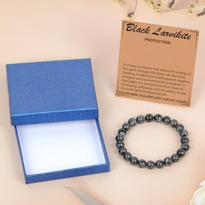 LPBeads Handmade Natural Gemstone Stretch Elastic Bracelet Healing Crystal Round Stone Beads Jewelry Gifts for Women Men - color: Black Larvikite, size: 8mm