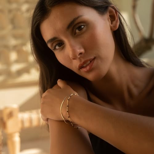 Made by Nami Dainty Gold Link Bracelets for Women Adjustable Double Layered Gold Chain Bracelet with Colorful Beads 7.5" + 2" Chain Extension - color: Black