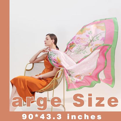 100% Mulberry Extra Large Silk Pashmina Scarf Shawls And Wraps For Women Evening Dress Summer Travel Floral Blanket - color: 76 Green&pink