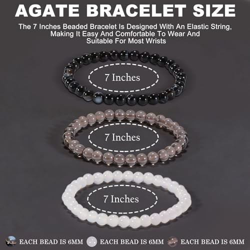 3PCS Agate Bracelet for Women Men Natural Round Beaded Agates Stone Healing Stretch Bracelets Elastic Handmade Polished Gemstone Beads Bracelet - color: White+Grey+Black White
