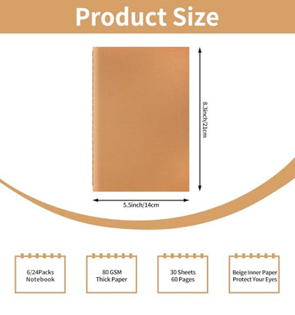 ALKALO 6 Pack A5 Ruled Lined Kraft Notebooks Bulk, Journaling Notebooks, A5 Lined College Ruled Notebook, 8.3x5.5 Inches 60 Pages Travel Journal Notebooks Set for Work, School, Writing - style: Brown-6-Lined