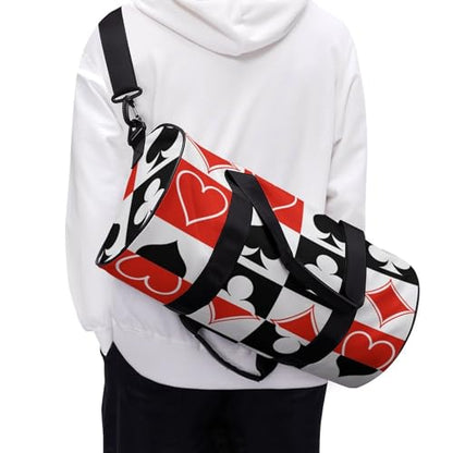 Suits Hearts Diamonds Clubs Spades Grid Poker Playing Cards Cylindrical Portable Fitness Bag, Large Capacity Handbag - color: suits hearts diamonds clubs spades Grid Poker