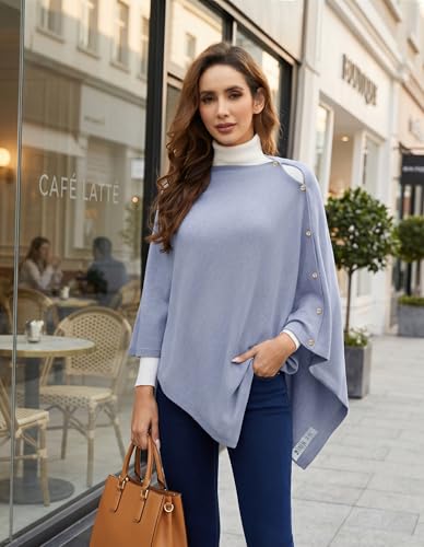 PULI Women's Versatile Knitted Shawls Scarf Poncho Sweater with Buttons Lightweight Spring Summer Fall Wraps - color: A-dusty Blue