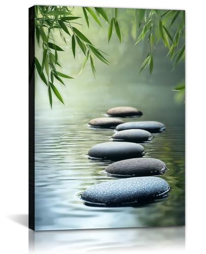 GLOKAKA Zen Canvas Wall Art Spa Stone in Water Picture Green Bamboo Painting Zen Meditation Calming Home Decor for Living Room Bathroom(Artwork-3,24"x36") - color: Artwork-3, size: 36L" x 24W"