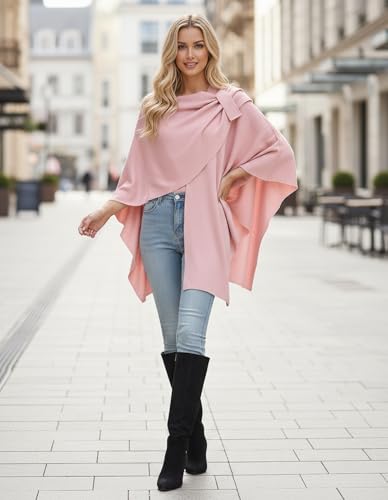 Womens Open Front Poncho Sweater Wrap Topper Knitted Elegant Shawls Cape for Spring Fall Winter - color: Series 1-pink