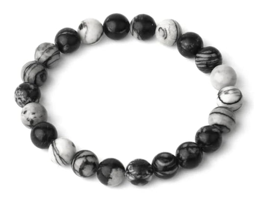 8mm Natural Stones Strand Bracelets Single Color Round Beaded Elastic Bracelet for Women Jewelry - color: Black Agate