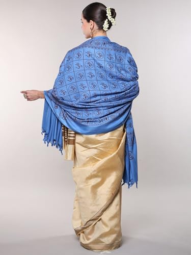Exotic India Women's Pure Cotton Prayer Shawl with Printed Om | Religious Aum Print Pooja Mandir Wrap Stole, Scarves