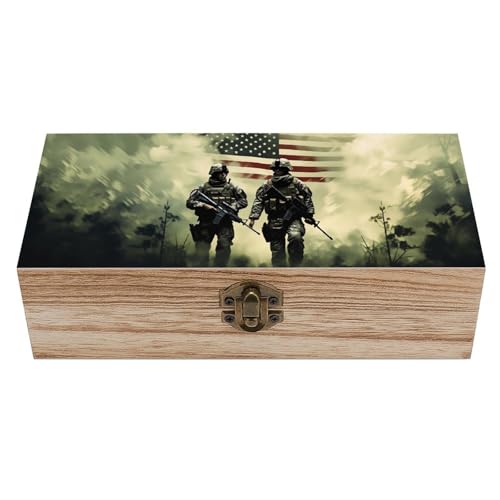 American Military Army Troops Soldiers Wooden Storage Box 7.9x3.7x2.3 Inch,Keepsake Decorative with Hinged Lids Wedding Memory for Large Crafts Small Jewelry Photos Organizer