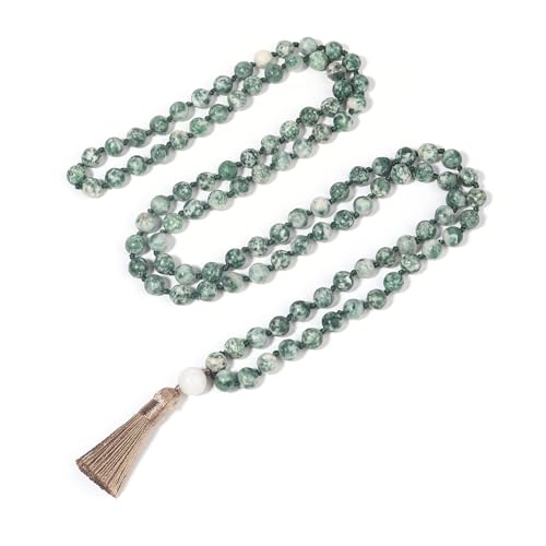 8MM Beads Chakra Long Mala Necklace Natural Stone Meditation Statement Necklace Japa Yoga Buddhist Rosary Prayer Charm Beaded Tassel Necklace - color: Green-spotted stone