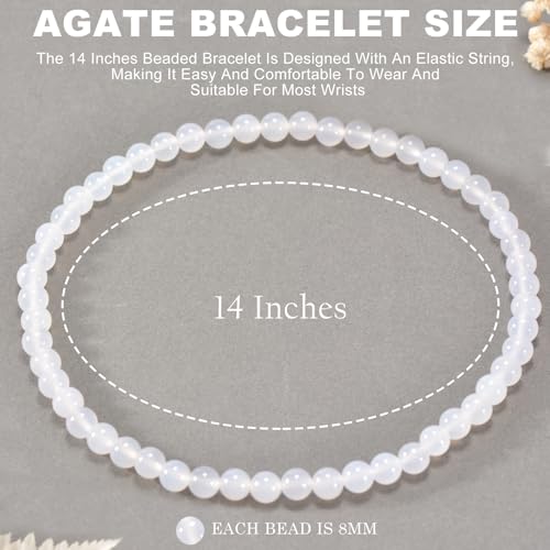 14in Agate Wrap Bracelet for Women Men Natural Round Beaded Agates Stone Healing Stretch Bracelets Elastic Handmade Polished Gemstone Beads Bracelet - color: White, size: 8mm Beads