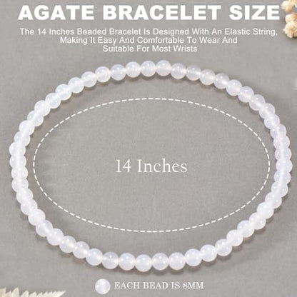 14in Agate Wrap Bracelet for Women Men Natural Round Beaded Agates Stone Healing Stretch Bracelets Elastic Handmade Polished Gemstone Beads Bracelet - color: White, size: 8mm Beads