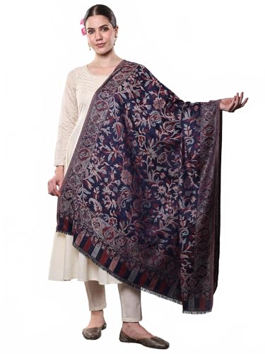 Exotic India Women Reversible Jamawar Wool Shawl with Woven Flowers | Ethnic Beautiful Floral Weave Stole, Dupatta - color: Parisian Night