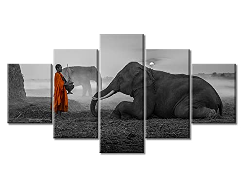 TUMOVO Bedroom Decor Wall Art Thailand Elephant Wall Decor Black and White Wall Decoration for Living Room Office Bedroom 5 Pieces Zen Buddhist Home Decor Framed Ready to Hang (60''Wx 32''H) - color: Artwork-13, size: 60''Wx32''H