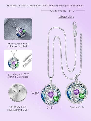 TOUPOP s925 Sterling Silver Family Celtic Tree of Life Pendant Necklaces with 2 Heart Birthstone with Blue Austrian Crystal Jewelry Birthday Valentines Day Gifts for Her, Anniversary Christmas Gifts for Wife Girlfriend Mom (18K Real White Gold Filled) - c