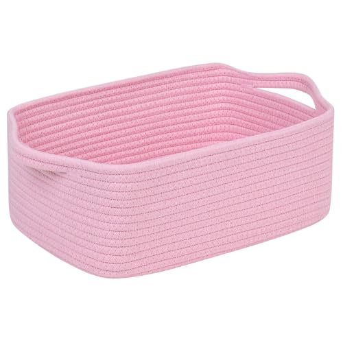 CubesLand Cute and Durable Small Cotton Rope Basket for Organizing, Woven Closet Storage Bin,Shelves Closet Storage Basket, Bathroom Storage Organizer Bin, Nursery Toy Basket Bin, Pink Basket - color: Pink, size: 14''x10''x5''