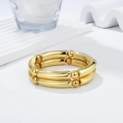 Gold Chunky Bangles Bracelets For Women 14k Gold Plated Stack Layered Curved Bamboo Tube Stretch Bracelets Gift Jewelry - color: 2pcs Gold-8mm