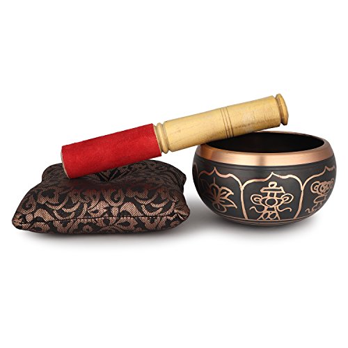 Tibetan Singing Bowl Set (4 Inch) with Mallet & Cushion – Meditation Sound Bowl for Yoga, Mindfulness & Relaxation – Handcrafted Gift Set (Black) - color: BLACK