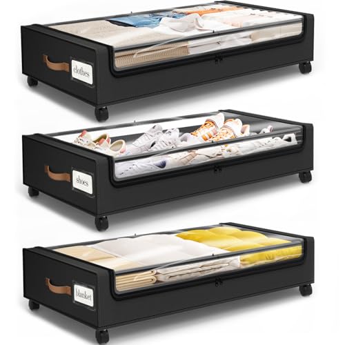 SpaceHacks Under Bed Storage with Wheels 3Pack Storage Containers with Clear Window&Label Under Bed Drawers Rolling Under Bed Storage for Clothes,Shoes, Blankets (30.71 x 16.93 x 6.69 in, Black) - color: Black, size: 3 pack