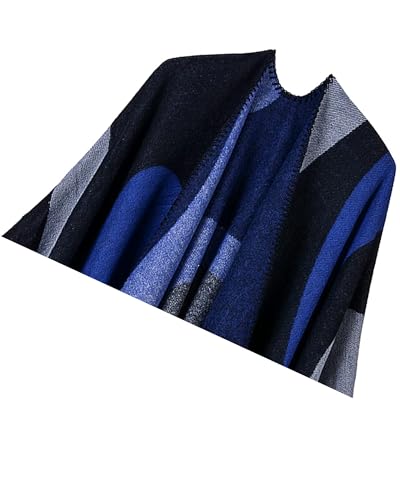 Women's Shawls and Wraps Open Front Poncho Cape Winter Sweater - color: L4-navy +Blue