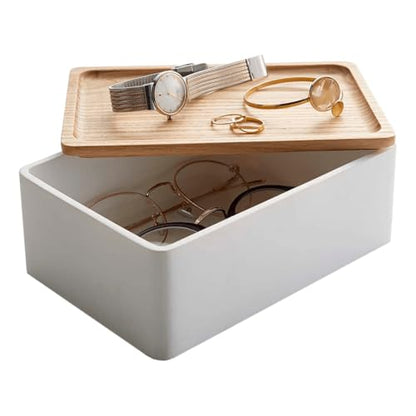 YAMAZAKI Home Rin Accessory Box With Wooden Lid For Jewelry, Watches, Or Sunglasses - Polystone - color: Ash
