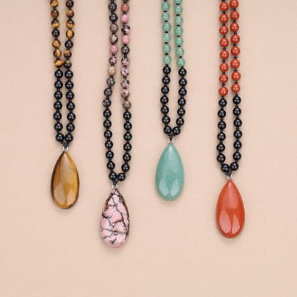 COAI Teardrop Pendant Necklace 108 Mala Stone Beaded Necklace, Prayer Beads Necklace for Women - style: Onyx & Tiger Eye