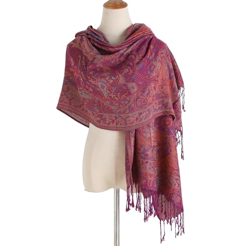 Paisley Pashmina Rave Shawl Scarf-Women's Reversible Ethnic Jacquard Pashmina Wraps for Travel - color: A#. Red Purple