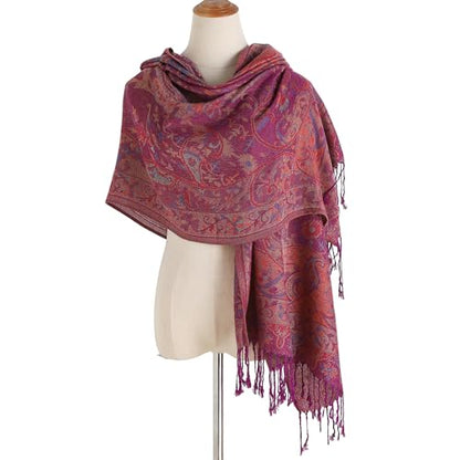 Paisley Pashmina Rave Shawl Scarf-Women's Reversible Ethnic Jacquard Pashmina Wraps for Travel - color: A#. Red Purple