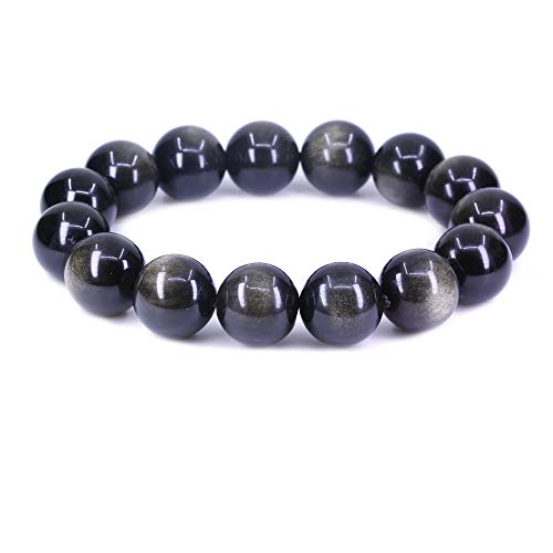 Keleny Natural Gem Semi Precious Gemstones 14mm Round Beads Crystal Stretch Bracelets 7 Inch Unisex - color: A Grade Golden Obsidian
