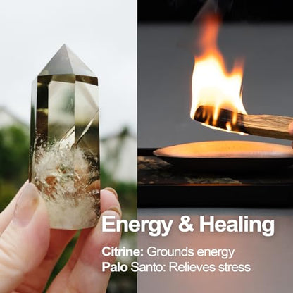 Zen Heal Tabletop Ritual Set – Goblet with Citrine, Preserved Fern & Dehua Gold-Glazed Teacup, Bamboo Tray & Palo Santo | Meditation Décor, Feng Shui Crystal Gift Box for Home or Office - style: Zen Heal