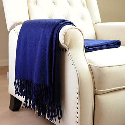 CUDDLE DREAMS Premium Cashmere Throw Blanket with Fringe, Luxuriously Soft (Navy) - color: Navy