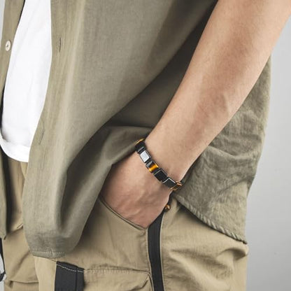 Square Natural Stone Unisex Adjustable Bracelet - Handmade with Natural Stons - Square Healing Crystal Bead Bracelet - color: Black&Tan
