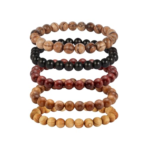 5Pcs Natural Wood Bracelets with Hematite Stone Cross Religious Tibetan Buddhist Christian Style