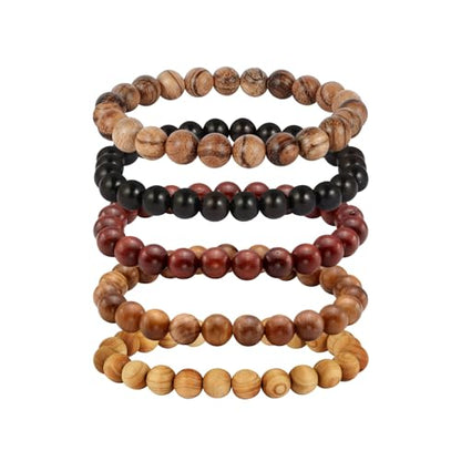 5Pcs Natural Wood Bracelets with Hematite Stone Cross Religious Tibetan Buddhist Christian Style