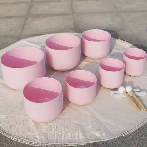 Hye-eun Pink Crystal Singing Bowls Set, 432hz Quartz Frosted Sound Bowl set of 7pcs with Carrying Case for Yoga Sound Healing Instruments - color: 432hz 7-12inch CDEFGAB Pink 7pcs