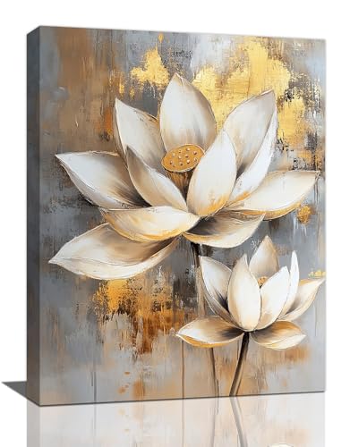 Olivine Zen Wall Art, Lotus Pictures Wall Decor, White and Golden Lotus Flower Bloom Painting Canvas Prints, Framed Artwork for Bedroom Bathroom Living Room Office Spa Meditation Yoga 16”x12” - color: Lotus, size: 16"L x 12"W