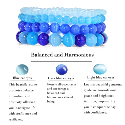 4pcs Beaded Bracelets for Women,Natural Healing Crystal Gemstones Bracelet,Anxiety Stress Relief Bracelet Handmade purple Jewelry Gifts for Women - color: Light blue cat eyes&Blue cat eyes&Dark blue cat eyes