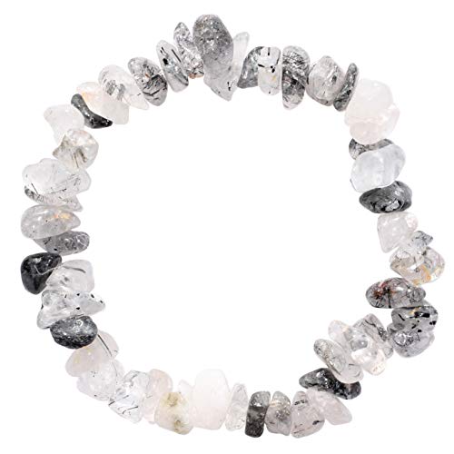 Zenergy Gems Charged Premium Natural Crystal Chip Bead Bracelet + Moroccan Selenite Charging Crystal [Included] - color: Black Tourmaline Quartz