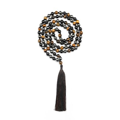 8mm Triple Protection Mala – Black Obsidian, Tiger Eye & Hematite 108 Bead Meditation & Prayer Necklace with Lab Certified Authenticity