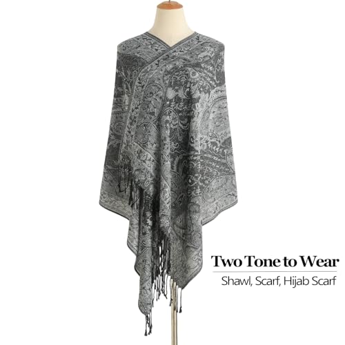 Paisley Pashmina Rave Shawl Scarf-Women's Reversible Ethnic Jacquard Pashmina Wraps for Travel - color: A#. Black White