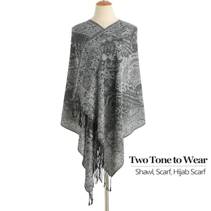 Paisley Pashmina Rave Shawl Scarf-Women's Reversible Ethnic Jacquard Pashmina Wraps for Travel - color: A#. Black White