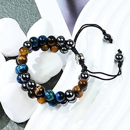 Triple Protection Bracelet Natural Black Obsidian Tigers Eye Hematite Beads Crystal Bracelet Healing Bracelets for Men Women Bring Prosperity Luck and Health - color: Yellow Blue