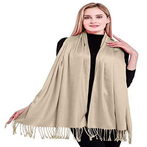 CJ Apparel Solid Color Tassels Design Nepalese Shawl Scarf Wrap Stole Throw Head Wrap Pashmina Gift Hand Made in Nepal New - color: Champagne