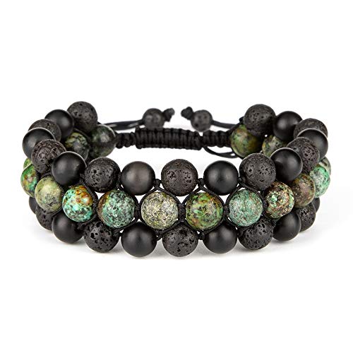 8mm Natural Lava Rock Stone Bracelets for Men, Healing Crystal Essential Oil Diffuser Beads Bracelet Chakra Yoga Energy Anxiety Gemstone Bracelet - color: African Turquoise + Lava Rock + Agate