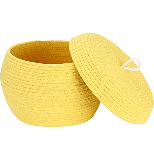 Sea Team Round Cotton Rope Storage Basket with Lid, Decorative Woven Storage Bin, Pot, Caddy, Organizer, Container for Snacks, Towels, Plants, 13 x 9 Inches (Large, Yellow) - color: Yellow, size: Large