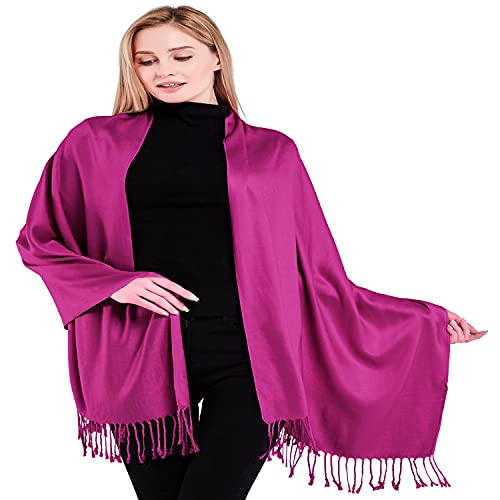 CJ Apparel Solid Color Tassels Design Nepalese Shawl Scarf Wrap Stole Throw Head Wrap Pashmina Gift Hand Made in Nepal New - color: Fuchsia Purple