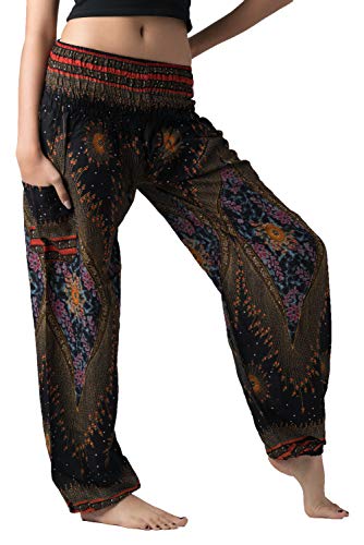 B BANGKOK PANTS Harem Pants Women Yoga Boho Clothes with Pockets - color: Black Peacockeye, size: One Size