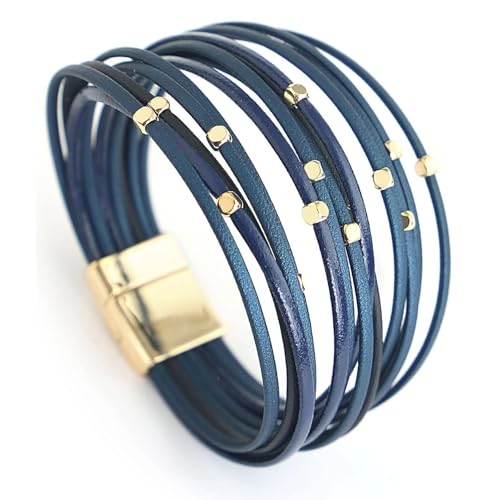 Fesciory Leopard Bracelet for Women, Boho Leather Wrap Multi-Layer Pearl Crystal Bracelet Bangle Jewelry - style: CubeBead(Navy)