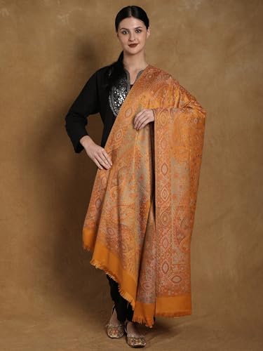 Exotic India Reversible Jamawar Shawl with Woven Paisleys - Wool - color: Golden Orange