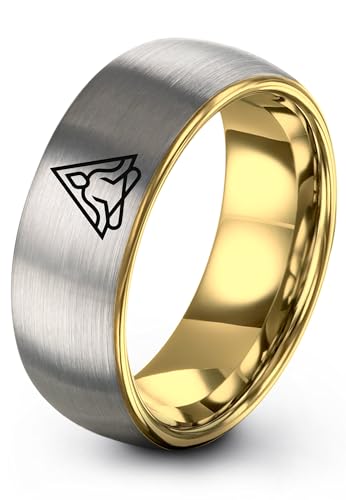 Gift for Yoga Fan - Yoga Meditation Ring - Flat Dome Bevel - Band - Men Women - Brushed Polished - Tungsten - Personalized Custom Engraving - 8mm - Anniversary Wedding - Yellow Rose Gold Silver - color: 04 - Yellow Gold Grey Tungsten